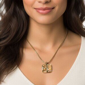 Vintage Monet Gold Iridescent Square Pendant & Necklace Signed Designer 80s